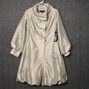 Coffee Shop Coat Womens M NYC Metallic Silver Double Breasted Trench Puff Hem